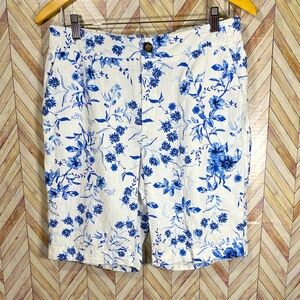 Cato‎ Linen Blend Bermuda Shorts Women’s 10 Hi-Rise Floral Blue White Resortwear